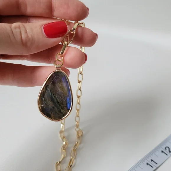 Labradorite Natural Stone Pendant Chunky Copper Chain Necklace - Picture 7 of 7